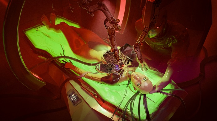 Woman undergoing cybernetic augmentation in a futuristic lab