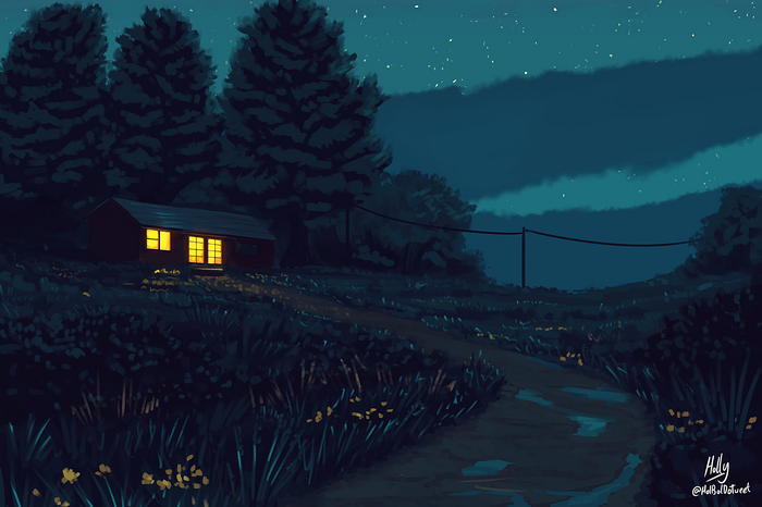 Cabin in the woods at night