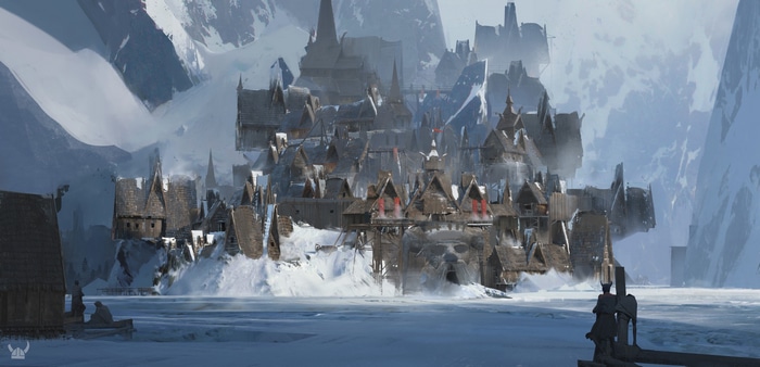 Fantasy village in a snowy mountain landscape