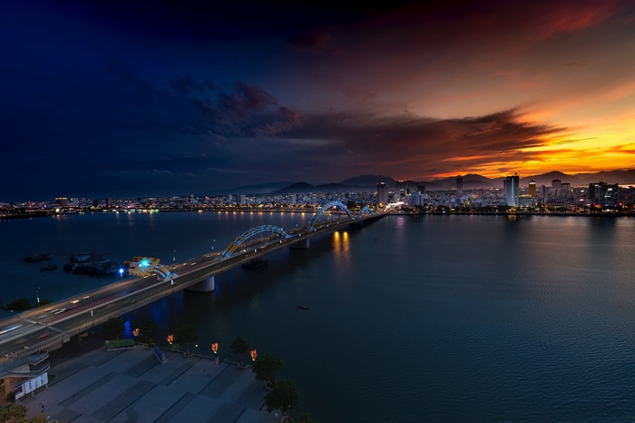 Dragon Bridge over Han River at sunset in Da Nang, Vietnam