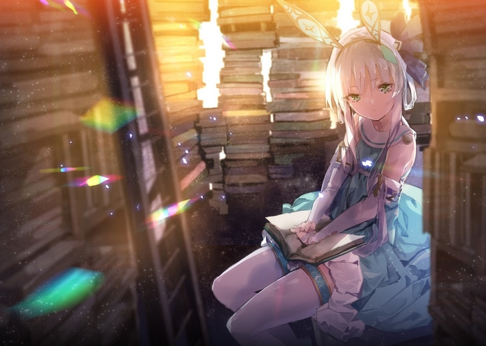 Girl with silver hair and green eyes in a library