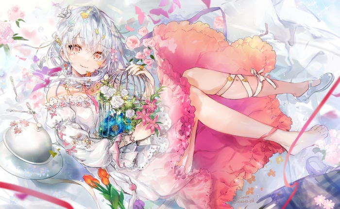 Anime girl with silver hair and red eyes holding a birdcage