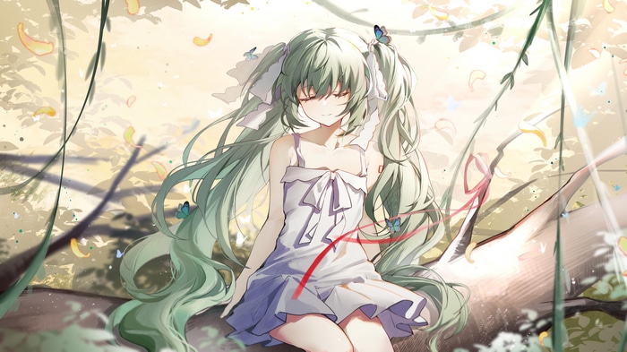 Hatsune Miku in a white dress with butterflies