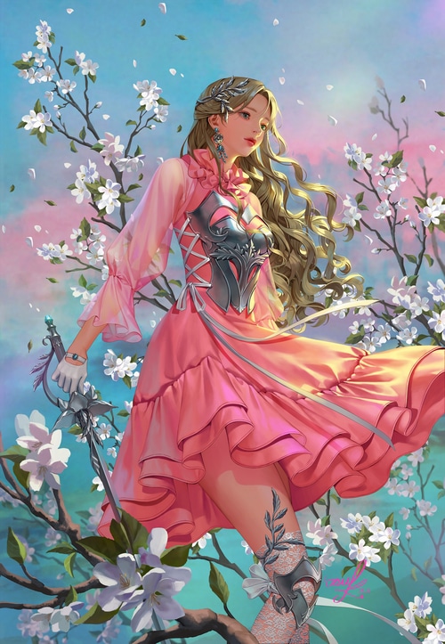 Fantasy girl with blonde hair and pink dress holding a sword