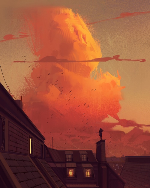 Jocelin Carmes painting of a person playing violin on rooftops under an orange sky