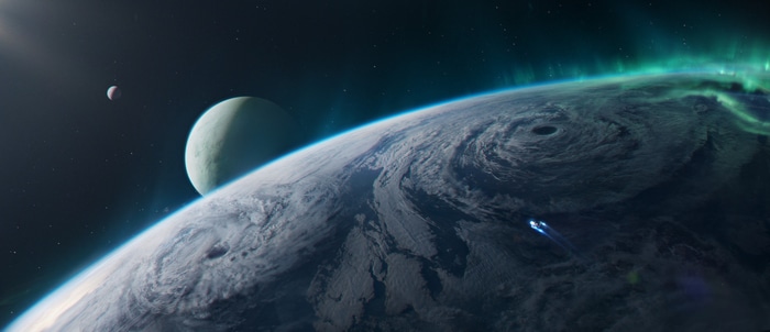 Spaceship flying near a planet with aurora