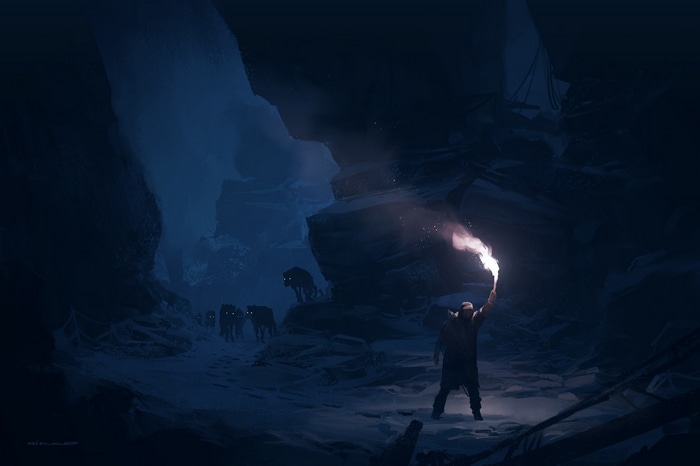 Man with flare pursued by wolves in a dark cave