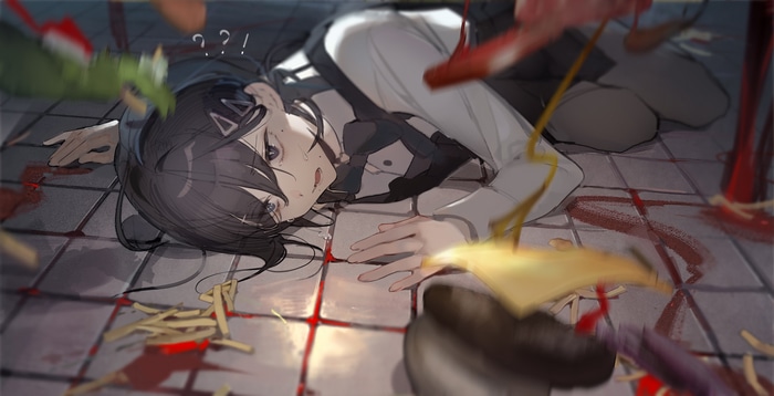 Kobeni lying on the floor with blood and food