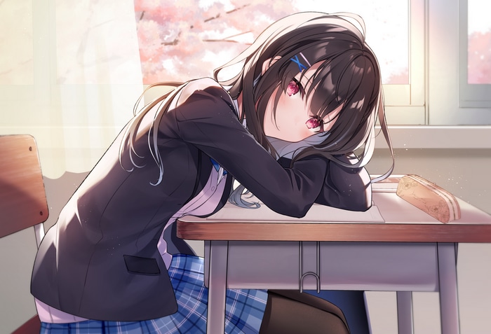 Kisaragi Yuri in a classroom with cherry blossoms