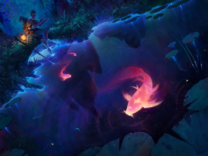 Fantasy art of a person playing a flute by a lake with a koi fish
