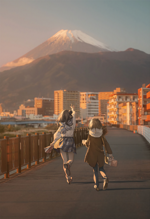 Anime Girls Running Towards Mount Fuji