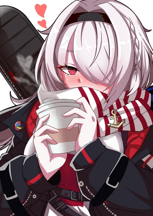 Azur Lane character with red eyes and scarf holding coffee