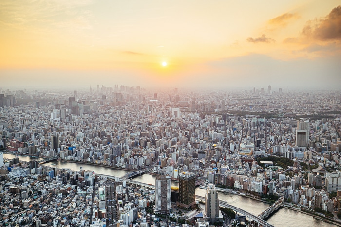 Aerial view of Tokyo city at sunset