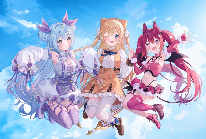 Three anime girls with blue, blonde, and pink hair in the sky