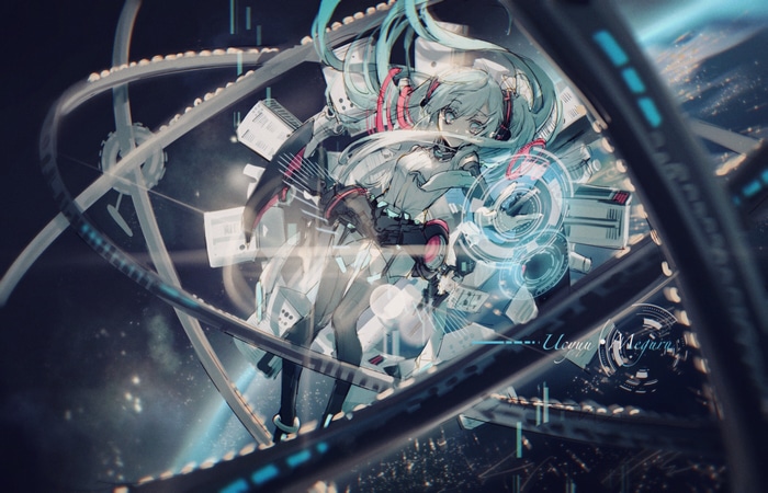 Hatsune Miku in a futuristic setting with holographic displays