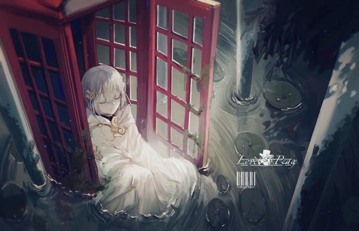 Anime girl in a red phone booth in water