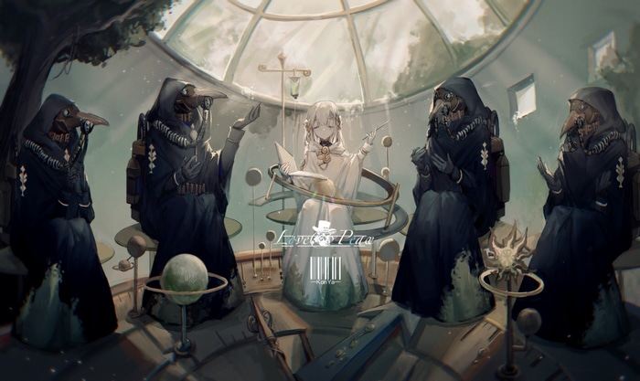 Anime girls in plague doctor masks and a central figure in white