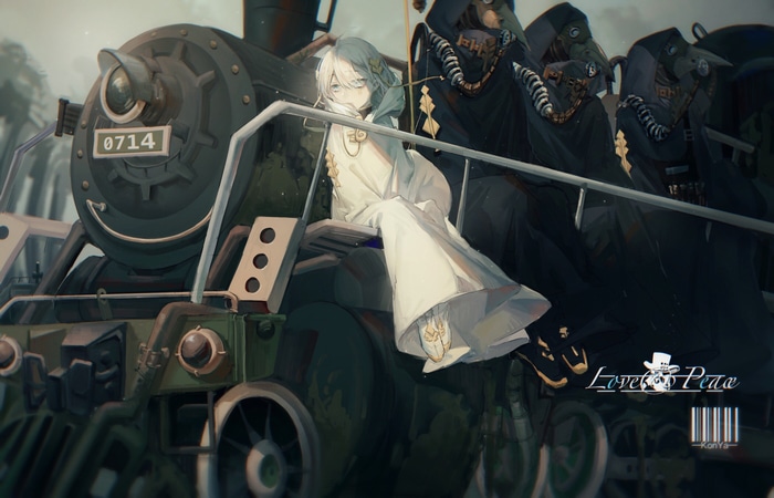 Anime girl on a train with plague doctors