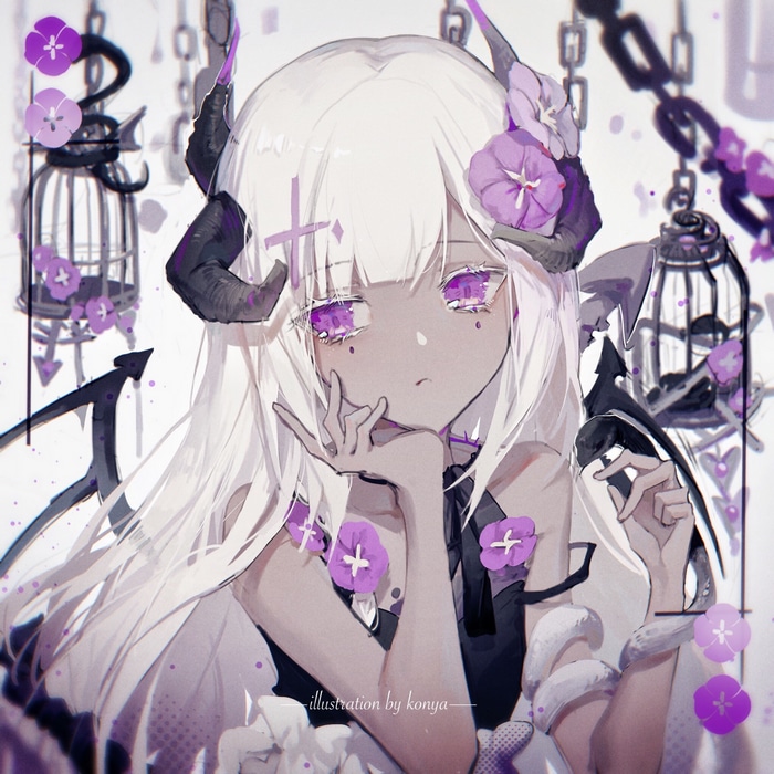 Illustration by KonYa: Girl with purple eyes and horns
