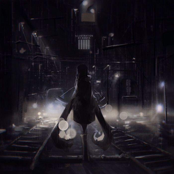 Illustration by KonYa: Anime girl on train tracks in rain