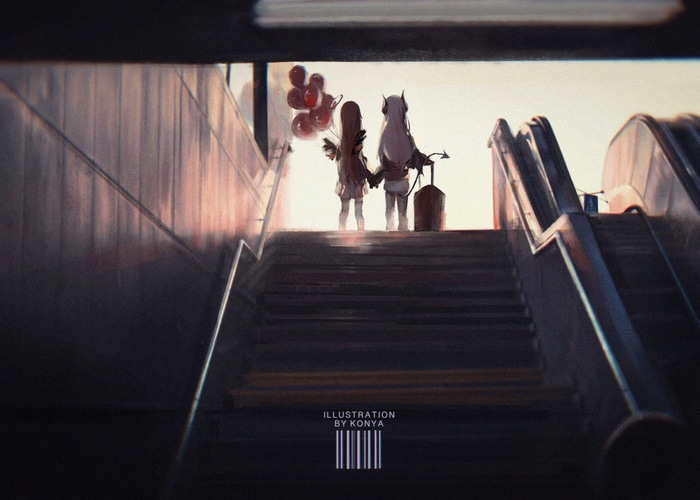 Anime girls with balloons and suitcase on stairs