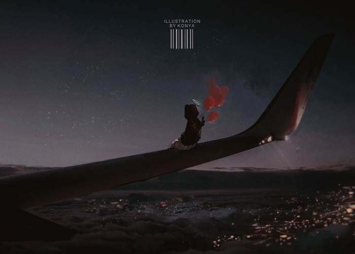 Illustration by KonYa: Girl with Balloons on Airplane Wing