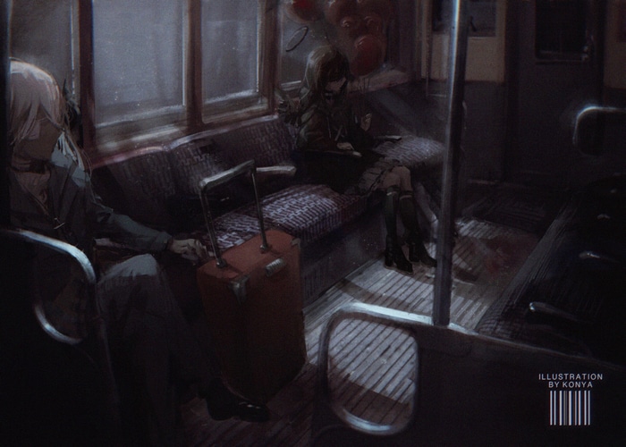 Anime illustration of two people on a train
