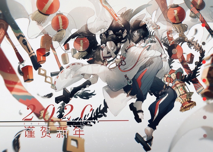 Anime characters with wings and paper lanterns