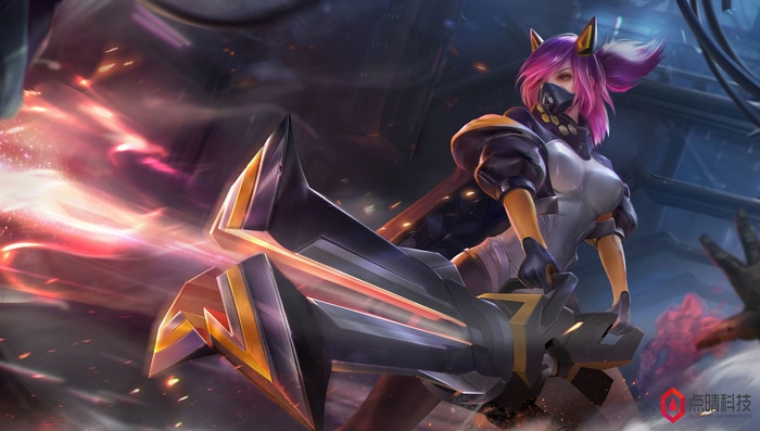 Fantasy girl with purple hair and a large weapon