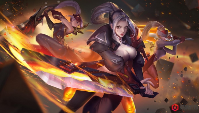 Fantasy girls with fiery swords in battle