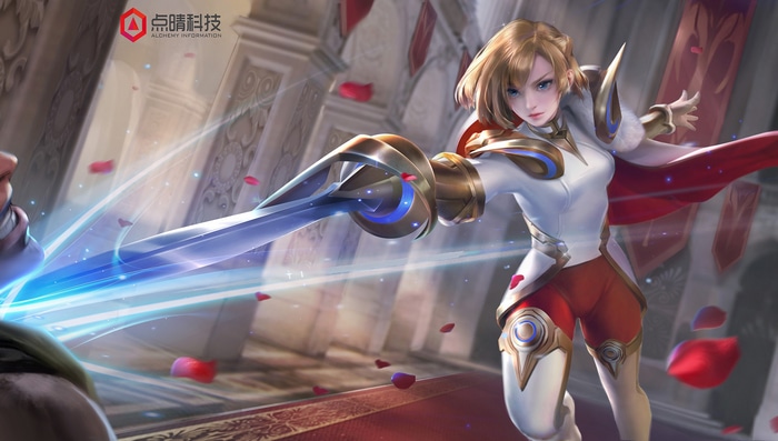 Fantasy girl with sword in ornate hall