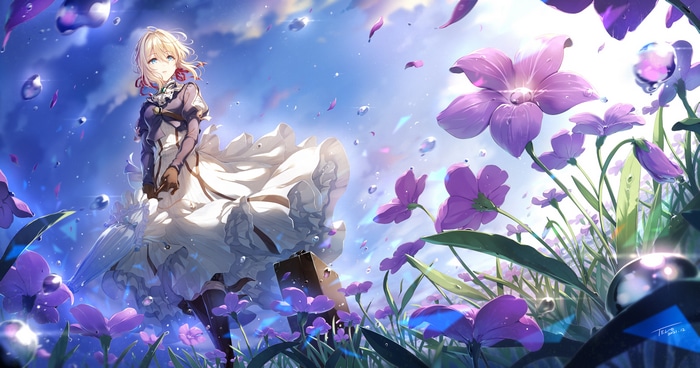 Violet Evergarden in a field of purple flowers