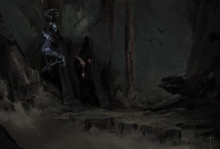 Dark fantasy scene with figures and a dragon