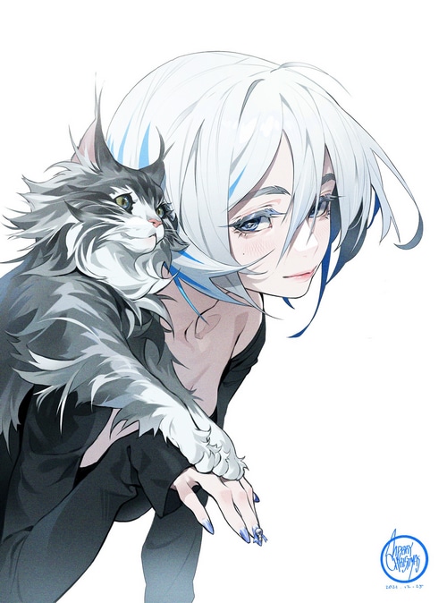 Girl with Silver Hair and a Cat