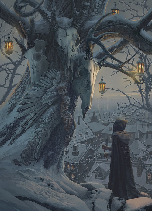Fantasy winter scene with a hooded figure and a skull-adorned tree