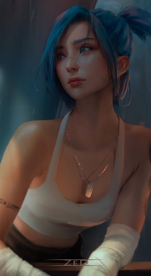 Woman with blue hair wearing sportswear and dog tag
