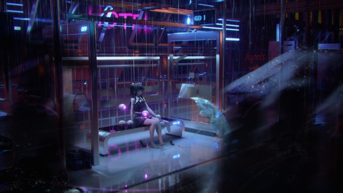 Original character sitting in the rain at night