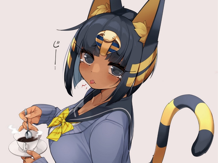 Ankha from Animal Crossing stirring coffee