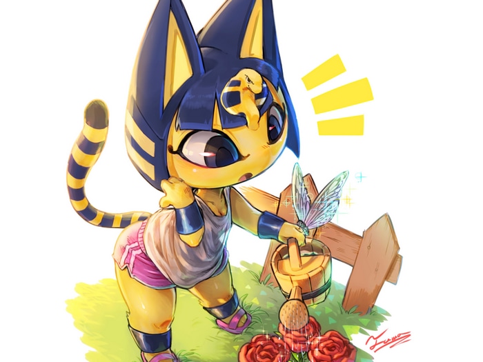 Ankha from Animal Crossing watering roses