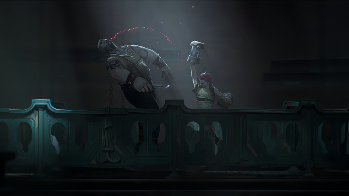 Vi and a man fighting on a balcony in Arcane