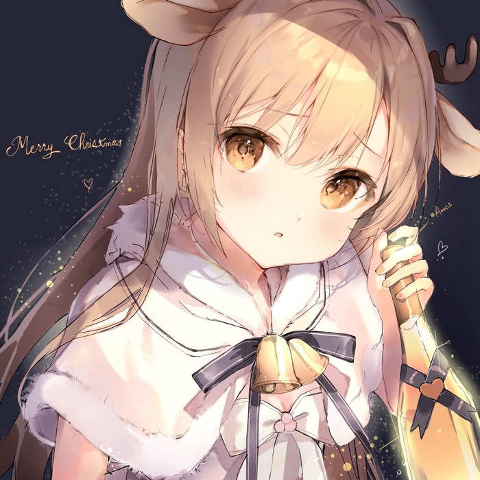 Anime girl with reindeer ears and Christmas outfit holding champagne