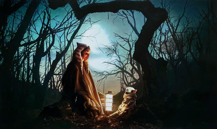 Ahsoka Tano and Grogu in a dark forest