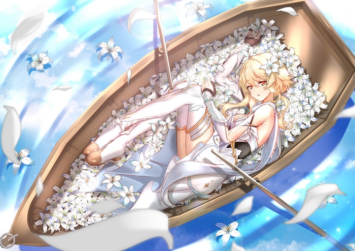 Lumine in a boat filled with white lilies