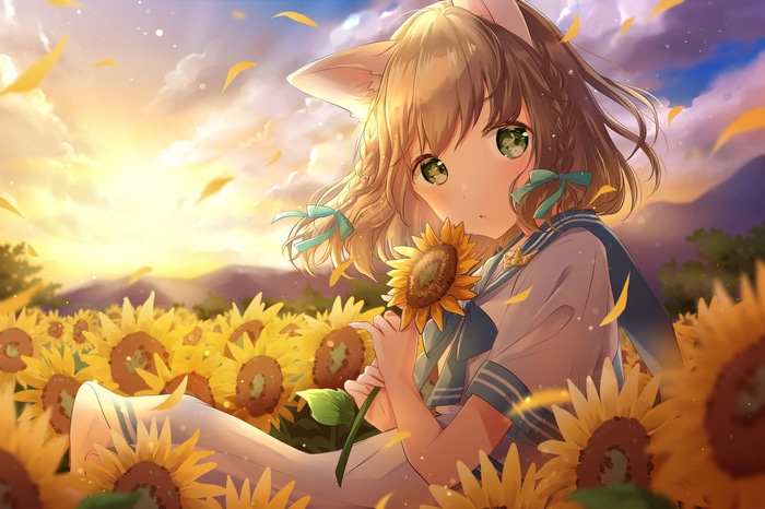Anime girl with cat ears in a sunflower field at sunset