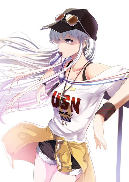 Azur Lane Enterprise wearing a USN T-shirt and baseball cap