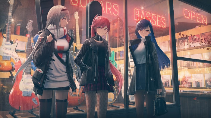 Azur Lane characters outside a music shop