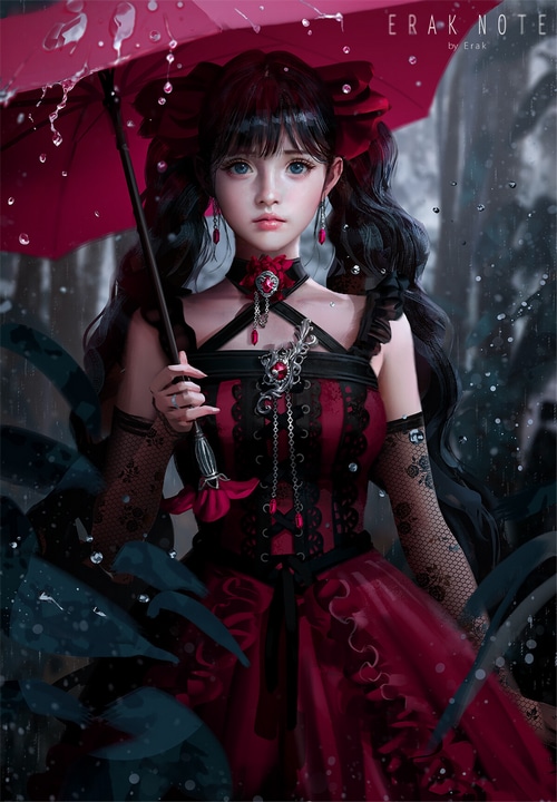 Girl with Twintails Holding a Red Umbrella in the Rain