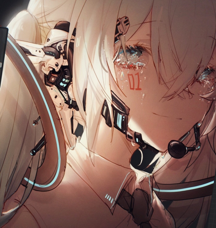 Hatsune Miku crying with cybernetic implants