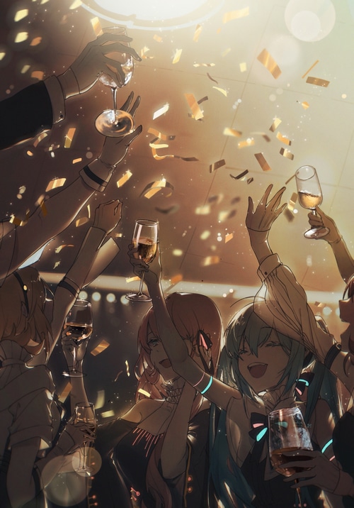 Hatsune Miku and friends celebrating with champagne and confetti