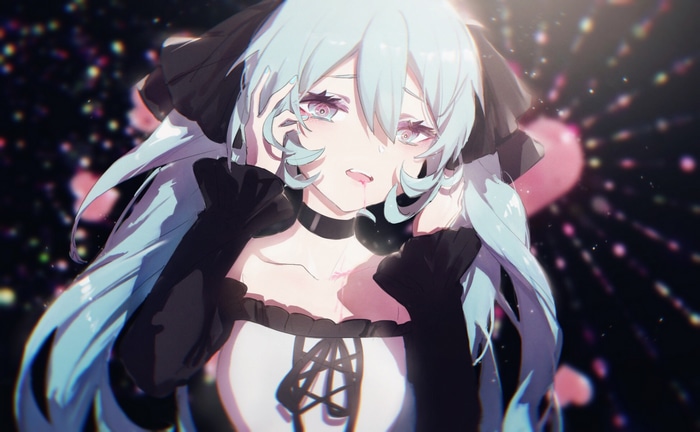 Anime girl with blue twintails and black outfit